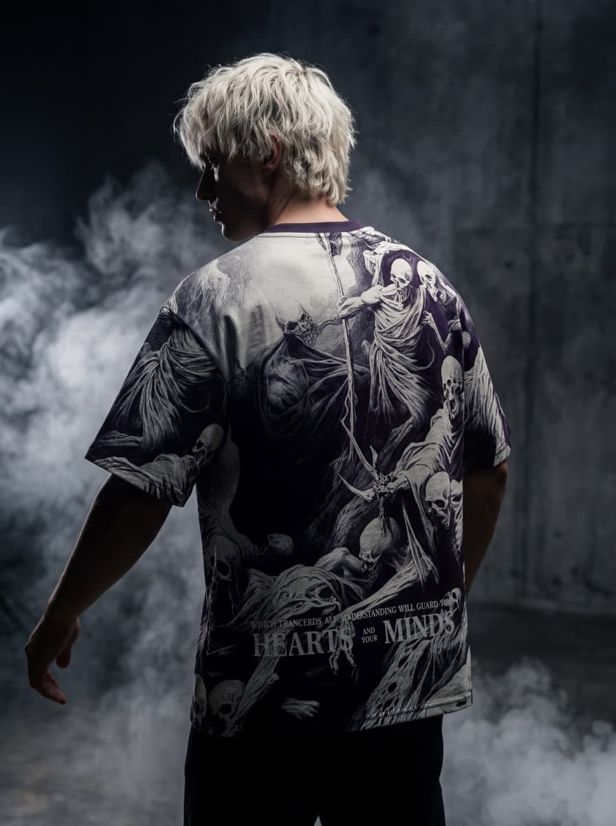 Back view of Purple and Black all-over print gothic t-shirt featuring reaper artwork and Hearts and Your Minds text.